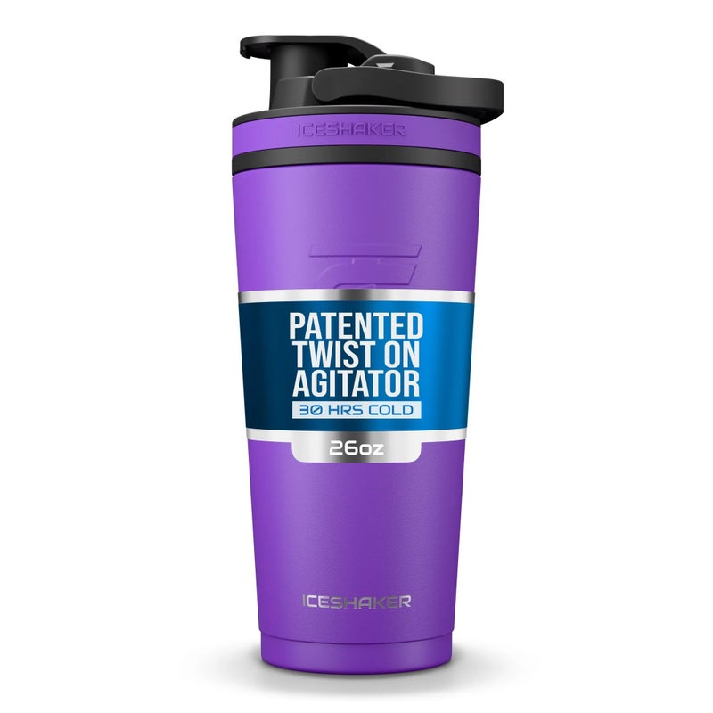Ice Shaker زجاجة هزازة معزولة من الفولاذ المقاوم للصدأ | 26 أونصة، بنفسجي | تبقى باردة لأكثر من 30 ساعة | كوب معزول مع محرك دوار | زجاجة خالية من الروائح لخلطات البروتين، الماء، العصائر، الكوكتيلات - Image 1